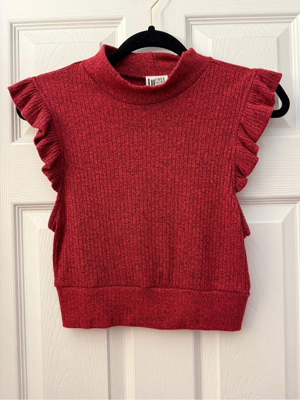 Free People Cropped Red Ribbed Ruffle Sleeve Mock Neck Tank Size M